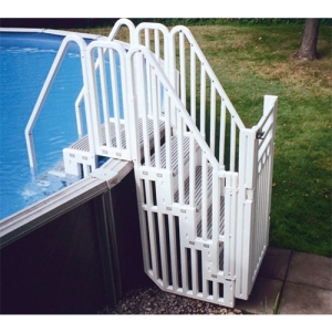 A ladder like this is generally acceptable for a rigid sided, above ground pool with sides that are 4' high or more. The latch must be on the inside/poolside of the gate. You are still required to make sure that a child is unable to climb up the sides to get in.